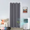 A gray door curtain hanging in a doorway, with a couch and a portable air cooler visible. Produktbild-Vorschau