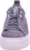 A close-up front view of a gray nubuck leather sneaker with a thick white platform sole. Produktbild-Vorschau