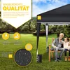 A man and a child sitting on a bench under a black pop-up tent in a grassy yard. Produktbild-Vorschau