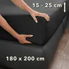 Hands are shown adjusting a dark gray fitted sheet on a mattress. Produktbild-Vorschau