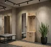 A hallway with a wooden wardrobe, mirror, bench, and a plant. Voir les images du produit