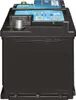 A black car battery with blue and white labels on top. Produktbild-Vorschau