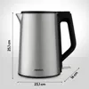 A silver electric kettle with a black handle and lid, shown from the side with dimensions indicated. Produktbild-Vorschau