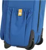 A close-up view of the bottom section of a blue rolling suitcase, showing a pocket with a yellow tag and the wheels. Anteprima dell’immagine prodotto
