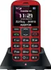 A red Aligator A720 4G senior mobile phone is displayed in a black charging dock against a light gray background. Podgląd zdjęcia produktu