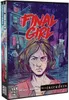 The image shows the box art for the board game "Final Girl S2 Ein Klopfen an der Tür". It features a stylized illustration of a young woman with a determined expression, set against a dark, ominous background with a house and shadowy figures. Produktbild-Vorschau