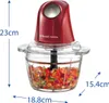 A red Russell Hobbs mini food chopper with a glass bowl filled with chopped vegetables. Produktbild-Vorschau