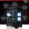 A computer case with internal components illuminated by RGB lighting, with marketing text overlays highlighting features. Produktbild-Vorschau