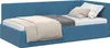 A blue corner bed frame with a headboard, made of velvet, with bedding and pillows on it. Produktbild-Vorschau