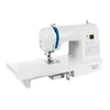 A white sewing machine with a blue accent is shown against a white background. It has an extended flatbed attachment. Produktbild-Vorschau