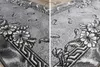 A split image showing two close-up views of a rug with a floral and leaf pattern. Produktbild-Vorschau