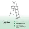 A gray pool ladder is shown against a white and light green background, with text describing its features. Produktbild-Vorschau