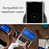 A split image showing a phone being wirelessly charged on the top and a person working on a laptop with multiple devices on a desk on the bottom. Produktbild-Vorschau