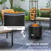 An outdoor patio scene with a fire pit, chairs, and a wood rack. Produktbild-Vorschau