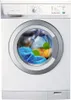 A front view of a white washing machine with its door open, showing laundry inside. Podgląd zdjęcia produktu