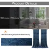A collage showing different shading levels of curtains, a close-up of the fabric pattern, and a pair of dark blue curtains hanging. Voir les images du produit