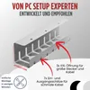 A silver cable management tray is shown with red arrows pointing to its features and text describing them. Produktbild-Vorschau