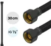 A black flexible hose with black connectors and gold-colored interior fittings, shown against a white background. Text overlays indicate the length and connection size. Produktbild-Vorschau