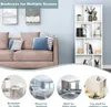 A white bookshelf is shown next to a sofa, with smaller circular images below demonstrating its use in different rooms like a study, bedroom, living room, and children's room. Produktbild-Vorschau