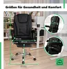 A black office chair with dimension callouts and close-up views of its features. Produktbild-Vorschau