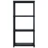 A black plastic shelving unit with four shelves against a white background. Náhled obrázku produktu