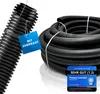 A coiled black corrugated pipe with a blue tag attached to a section of pipe on the left. A seal of approval is visible in the bottom right corner. Produktbild-Vorschau