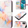 A collage of images showing a marble-patterned phone case for a Motorola Moto G52, including its front, side, and open views with card slots and a stand function.