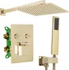 A gold-colored shower set including a rain shower head, a wall-mounted control panel with knobs and a temperature display, and a handheld shower head with a hose and bracket. Náhled obrázku produktu