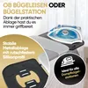 An ironing board with an iron on it, with text overlays highlighting features. Produktbild-Vorschau