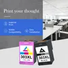 A split image showing marketing text and icons on the left, and two ink cartridges in the foreground with an office setting in the background. Produktbild-Vorschau