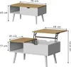 Two views of a coffee table, one in its standard configuration and one with its lift-top extended. Voir les images du produit