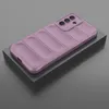 A purple phone case with a ribbed texture is displayed on a dark gray block against a light gray background. Produktbild-Vorschau