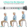 An image showing a shower stool with adjustable height, demonstrated by an elderly woman sitting on it at different heights. Voir les images du produit