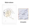 A white picture frame with a line drawing of a woman's profile and some decorative leaves. To the right is a protective film with text. Produktbild-Vorschau