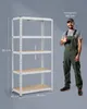 A man in overalls stands next to a white metal shelving unit, giving a thumbs up. Dimensions are shown on the shelving unit. Produktbild-Vorschau