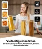 A woman is holding a glass jar filled with spaghetti, with other jars of pasta and snacks visible. The scene is set in a kitchen. Produktbild-Vorschau