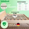 A close-up view of a slatted bed base with text overlays and graphics highlighting product features and specifications. Produktbild-Vorschau
