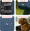 A collage of four images showcasing different features of a pet carrier: zippers, a handle, water droplets on fabric, and a cat inside the carrier. Anteprima dell’immagine prodotto