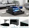 A modern coffee table with storage and LED lights, shown in a living room setting with a sofa and a robot vacuum cleaner. Below are close-up shots highlighting its features. Produktbild-Vorschau