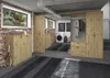 A modern laundry room or dressing area with wooden cabinets, a washing machine, and a tennis racket. Produktbild-Vorschau