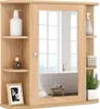 A wooden bathroom cabinet with a mirror, displaying various bathroom accessories. Náhled obrázku produktu