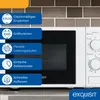 A white microwave oven with several feature callouts on the left side, set against a tiled backsplash. Produktbild-Vorschau