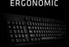 A black ergonomic keyboard is shown in a dark setting with the word "ERGONOMIC" displayed in white text above it. Podgląd zdjęcia produktu