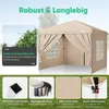 A marketing image showcasing a beige pop-up canopy tent with its features highlighted. Podgląd zdjęcia produktu