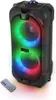 A black portable speaker with RGB LED lights and a remote control on a white background. Náhľad obrázku produktu