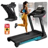 A woman is running on a treadmill, with a phone app and another treadmill shown in the background. Produktbild-Vorschau