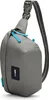 A gray sling bag with blue zipper pulls and a black brand logo. Voir les images du produit