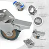 Collage showing details of a caster wheel, including its rotation, bearing, lock, and mounting plate. Produktbild-Vorschau