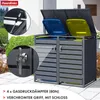 A two-bin trash receptacle enclosure with open lids, showing blue and yellow trash bins inside. Close-up insets highlight a gas strut and a chrome handle with a lock. Náhled obrázku produktu