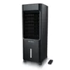 A black tower fan with a water tank and remote control on a white background. Podgląd zdjęcia produktu